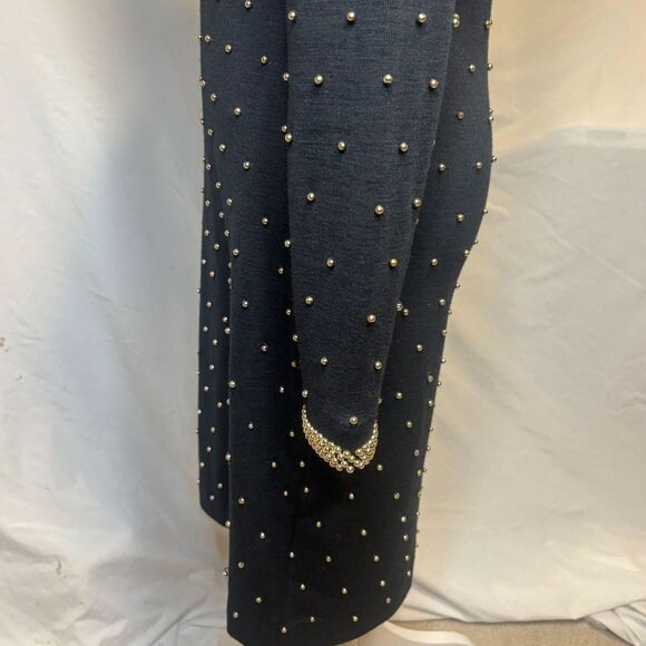 Vintage Et Al Beaded Wool Open V Back Black Dress Long Sleeve Uptown Gold - Picture 8 of 9